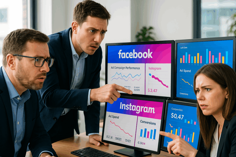 Meta Ads Performance Analysis – Marketing Team Reviewing Declining Facebook And Instagram Campaign MetricsRetry Marketing Team Analyzing Declining Facebook And Instagram Ad Campaign Performance With Worried Expressions While Reviewing Meta Ads Metrics And Wasted Ad Spend Data On Multiple Computer Screens.